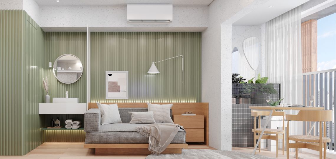 Perspectiva artística do apartamento de 22m²