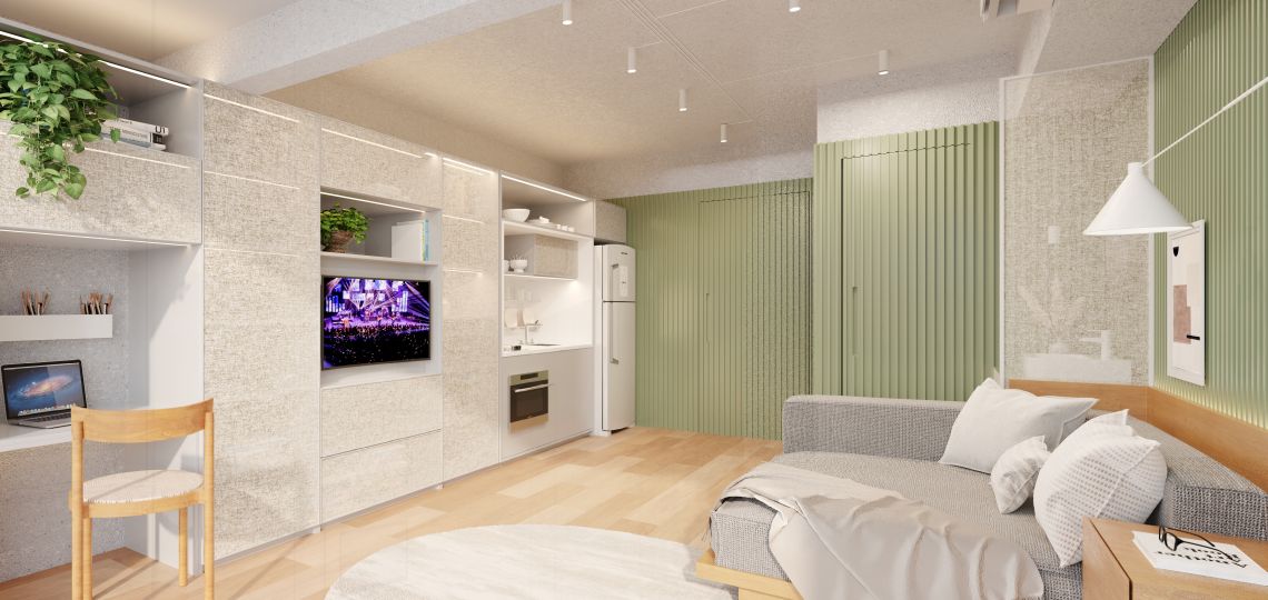 Perspectiva artística do apartamento de 22m²