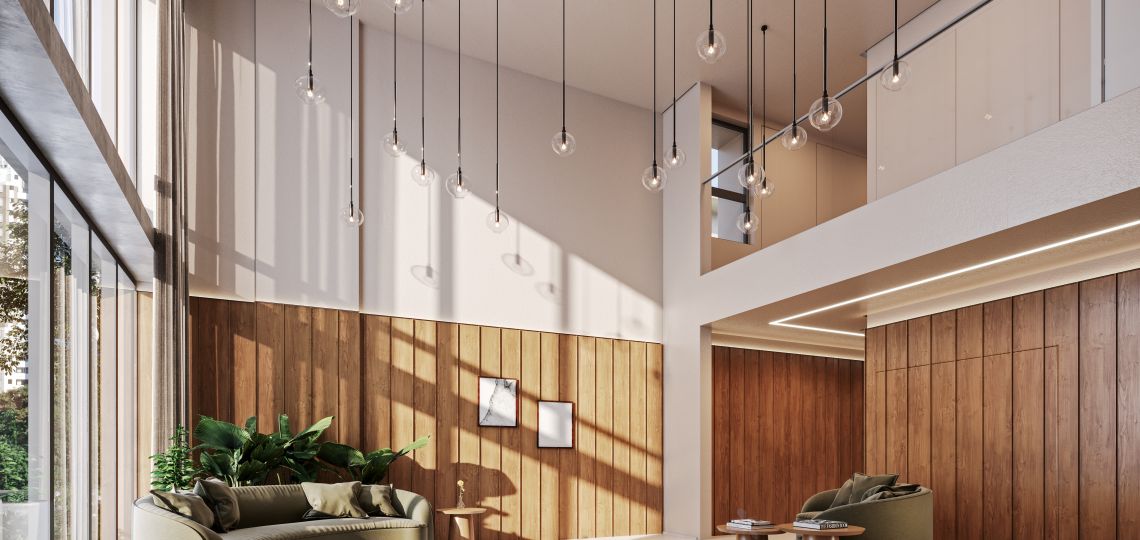 Perspectiva artística do Lobby com pé-direito duplo