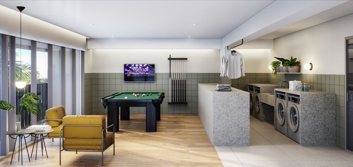 Perspectiva artística da lavanderia com wi-fi & Snooker
