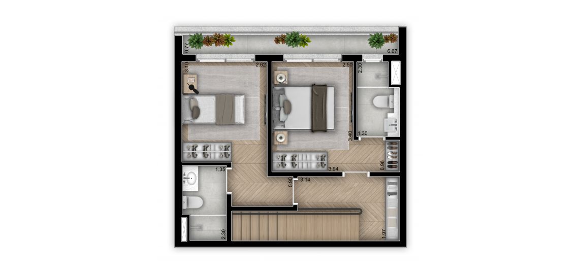 Planta 98m² - Duplex Superior 2 Suítes