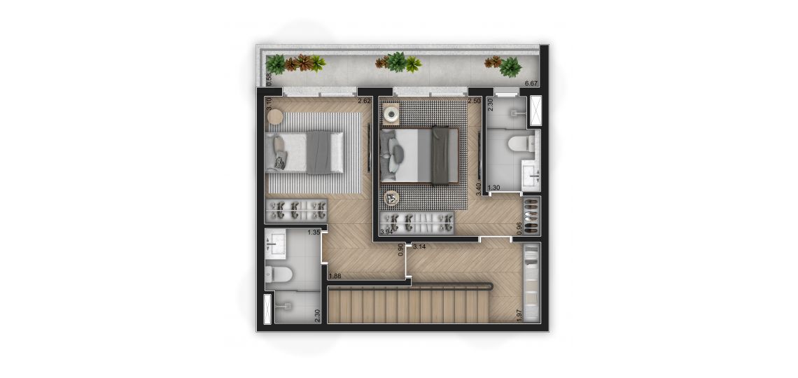 Planta 91m² - Duplex Superior 2 Suítes